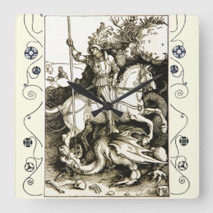 ST. GEORGE AND DRAGON , Black White Square Wall Clock