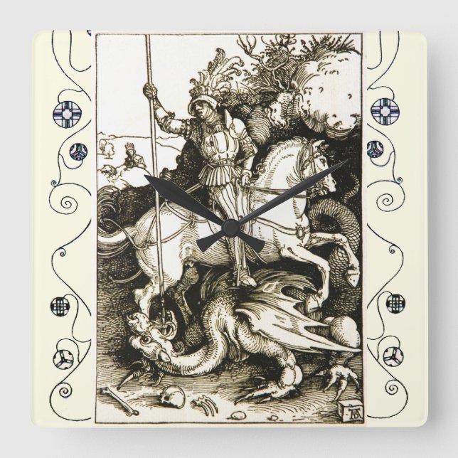 ST. GEORGE AND DRAGON , Black White Square Wall Clock (Front)