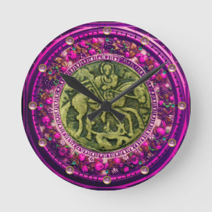 ST.GEORGE, DRAGON BRONZE MEDALLION  FLORAL CROWN ROUND CLOCK