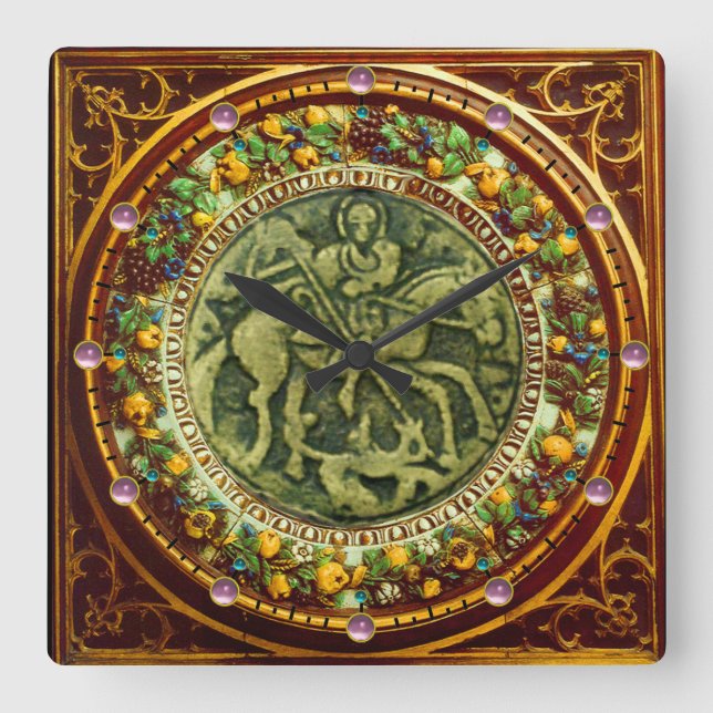 ST.GEORGE, DRAGON BRONZE MEDALLION  FLORAL CROWN SQUARE WALL CLOCK (Front)