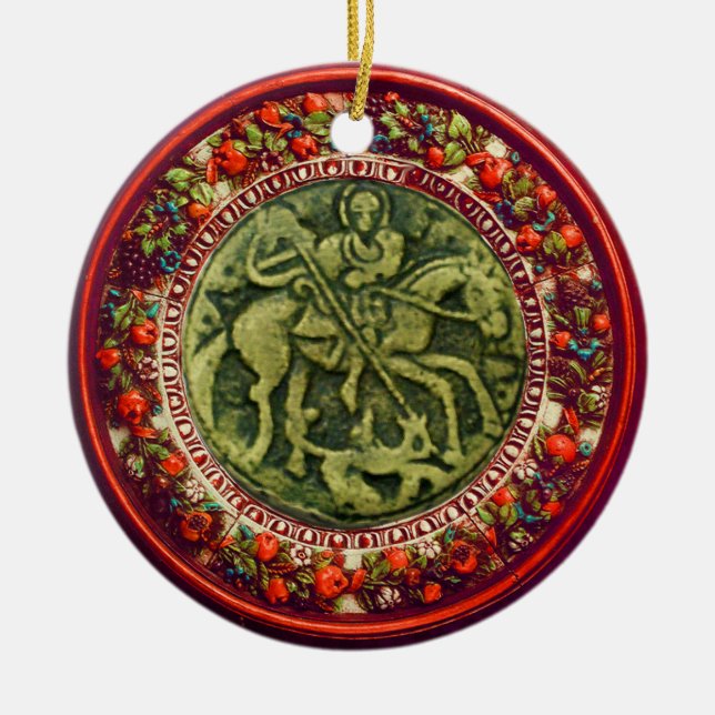 ST.GEORGE, DRAGON /MADONNA AND CHILD FLORAL CROWN CERAMIC ORNAMENT (Front)