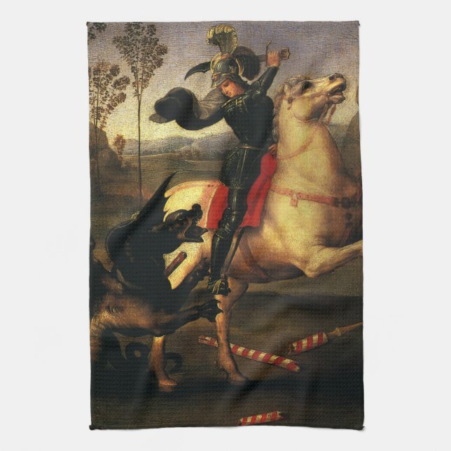 St. George Fighting the Dragon by Raphael Sanzio Tea Towel (Vertical)