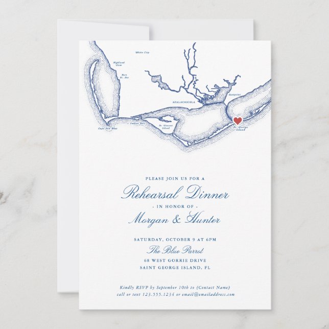 St. George Island FL Map Elegant Rehearsal Dinner Invitation (Front)