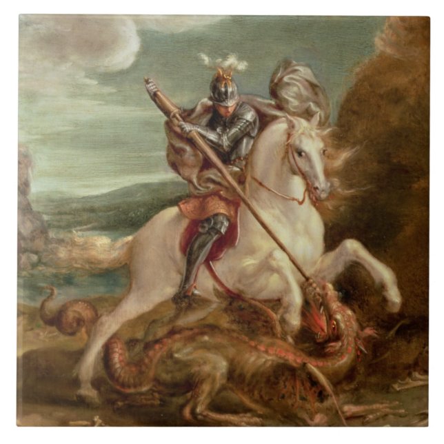 St. George slaying the dragon, (oil on panel) Ceramic Tile (Front)