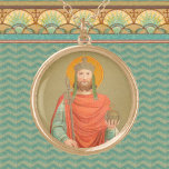 St. Henry II, Emperor (BBS 10) Round Gold Plated Necklace<br><div class="desc">In this image done in the Beuron style of Benedictine art, St. Henry II (972-1024), Holy Roman Emperor, wears Imperial regalia—a crown, an ermine-lined vermillion red cloak over a teal robe, and carries a sceptre and orb symbolic of his temporal power. His crown, the Reichskrone, or Imperial Crown of the...</div>
