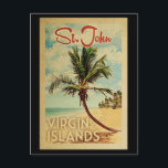 St John Palm Tree Vintage Travel Postcard<br><div class="desc">A uniquely retro mid-century modern St John Virgin Islands art print in vintage travel poster style. It features a curved palm tree on sandy beach with ocean under a blue cloudy sky.</div>