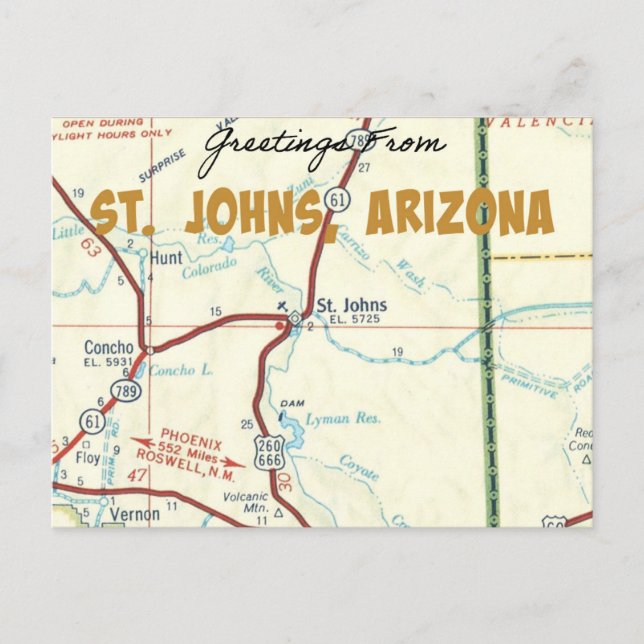St. Johns Arizona Vintage Map Postcard (Front)