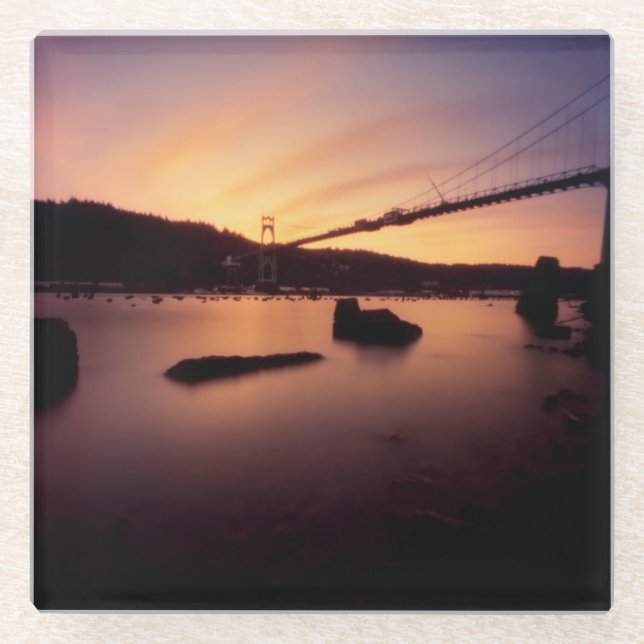 St Johns Bridge Sunset Glass Coaster (Front)