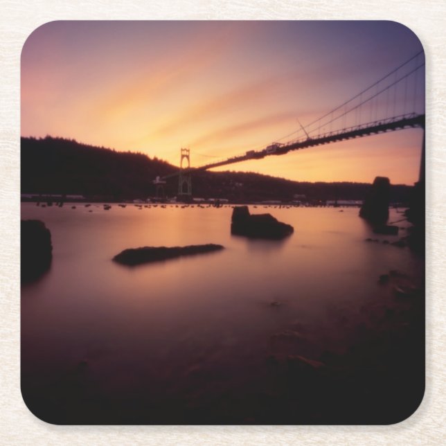 St Johns Bridge Sunset Square Paper Coaster (Front)