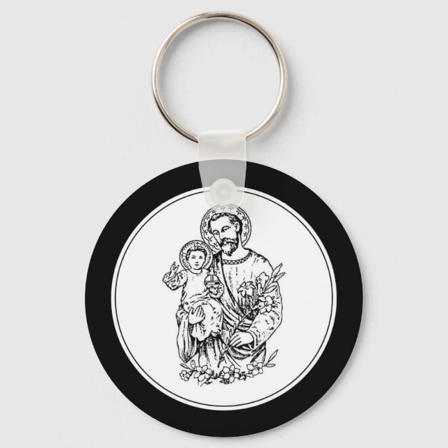 St. Joseph Pray for Us Black,  White, Catholic Key Ring (Front)