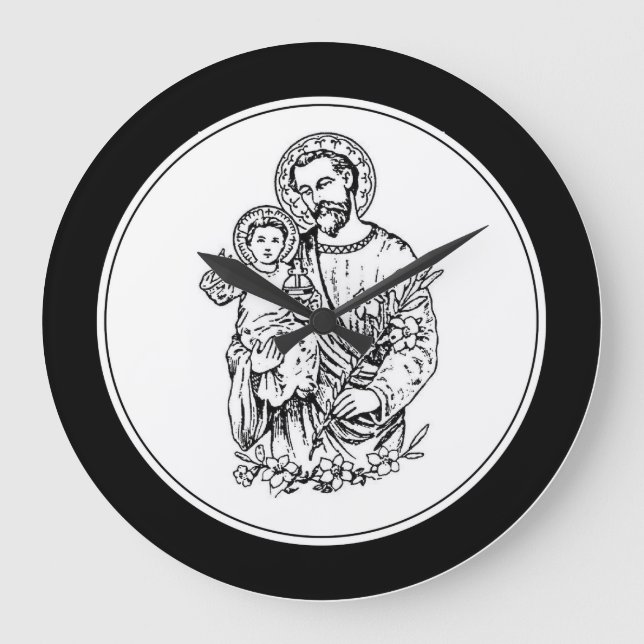 St. Joseph Pray for Us Black,  White, Catholic Large Clock (Front)