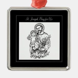 St. Joseph Pray for Us Black, White, Catholic Metal Tree Decoration