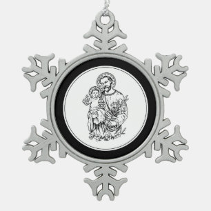 St. Joseph Pray for Us Black, White, Catholic Snowflake Pewter Christmas Ornament