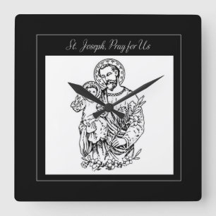 St. Joseph Pray for Us Black, White, Catholic Square Wall Clock