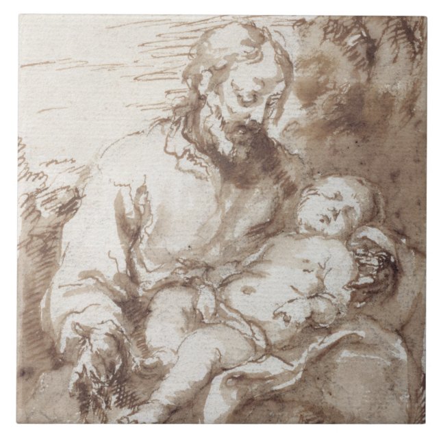 St. Joseph with the Sleeping Christ Child (pen & b Ceramic Tile (Front)
