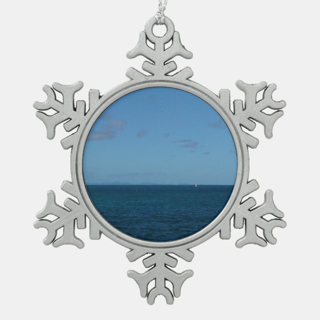 St. Lucia Horizon Blue Ocean Snowflake Pewter Christmas Ornament (Front)