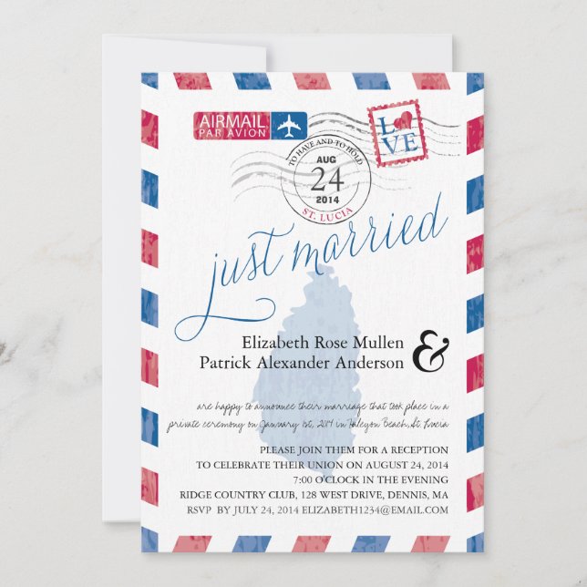 St. Lucia Just Married Airmail Post Reception Invitation (Front)