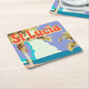 St Lucia vintage beach travel poster Square Paper Coaster