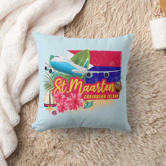 St. Maarten Retro Caribbean Vintage Island Plane Cushion (Blanket)