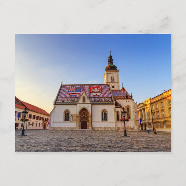 St. Mark's Church and square by sunset in Zagreb, Postcard (Front)