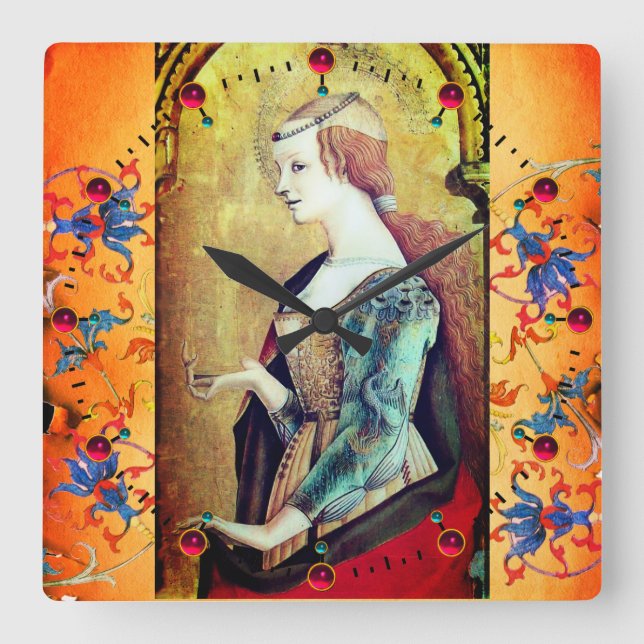 ST MARY MAGDALENE Orange Blue Floral Swirls Square Wall Clock (Front)