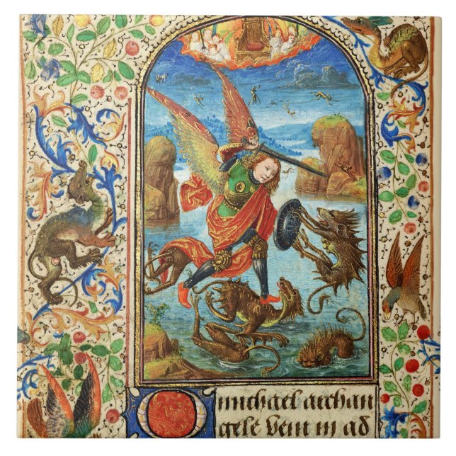 ST. MICHAEL ARCHANGEL AND DRAGON Flemish Miniature Ceramic Tile (Front)