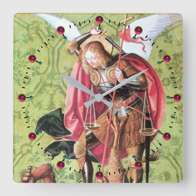 ST. MICHAEL ,DRAGON AND JUSTICE Green Pink Square Wall Clock (Front)