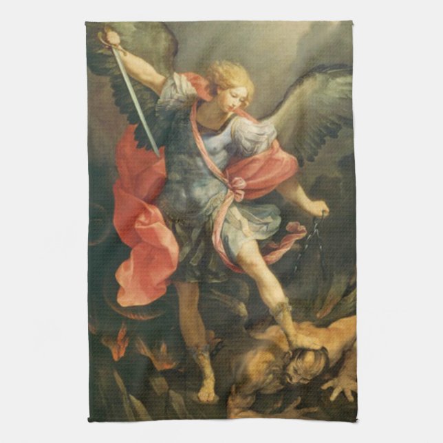 St. Michael the Archangel defeating the devil Tea Towel (Vertical)