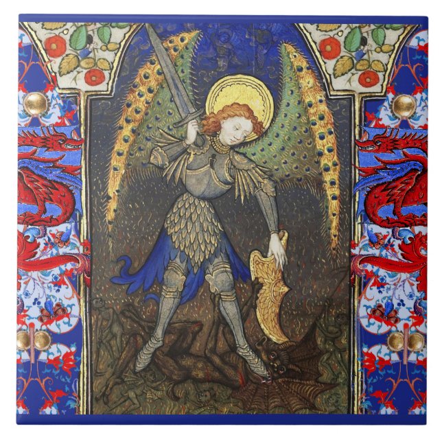 St. Michael the Archangel with Devil , Red Dragons Ceramic Tile (Front)