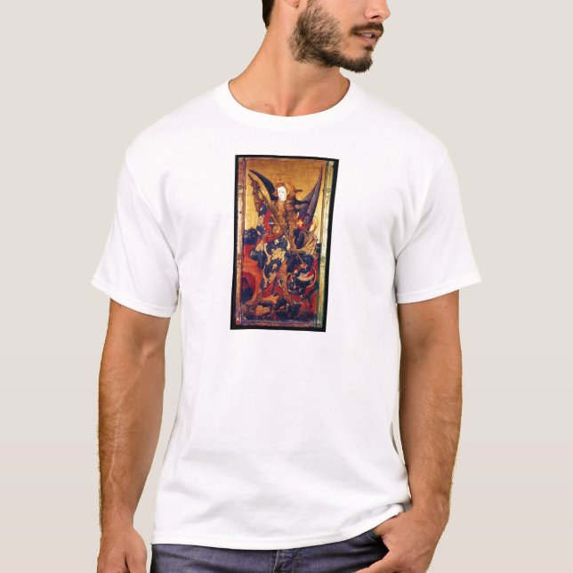 St. Michael Vanquishing Devil as Mediaeval Knight T-Shirt (Front)