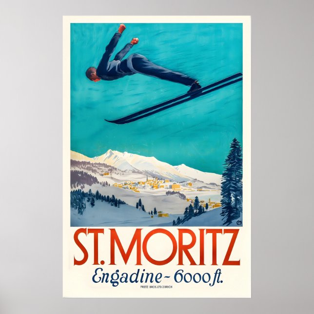St. Moritz Engadin Switzerland Vintage Ski Poster (Front)