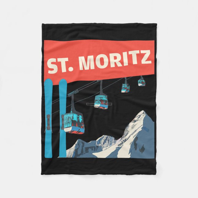 St. Moritz Skiing - Retro St. Moritz Ski  Fleece Blanket (Front)