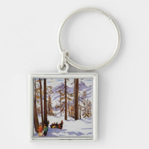 St. Moritz Vintage Skiers Alpine Elegance Art Key Ring