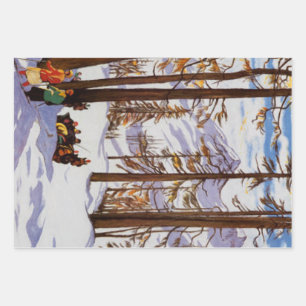 St. Moritz Vintage Skiers Alpine Elegance Art Wrapping Paper Sheet