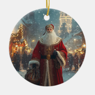 St. Nicholas in a Festive Snowy Village  Ceramic Ornament