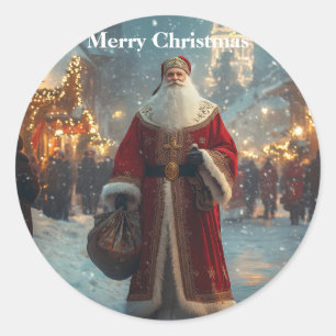 St. Nicholas in a Festive Snowy Village Classic Round Sticker