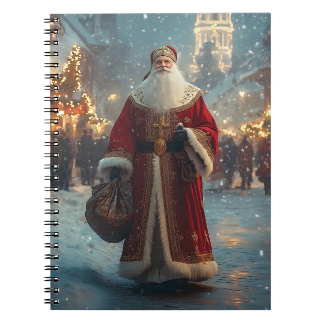St. Nicholas in a Festive Snowy Village  Notebook (Front)
