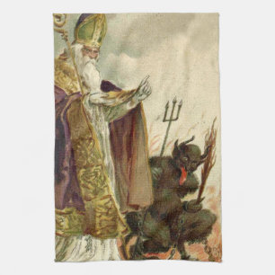 St Nicholas Krampus Pitchfork Priest Tea Towel
