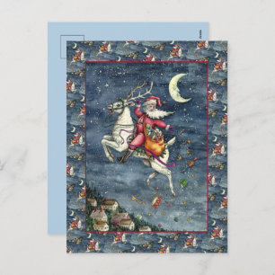 ST. NICK, FLYING WHITE REINDEER, CHRISTMAS MAGIC HOLIDAY POSTCARD