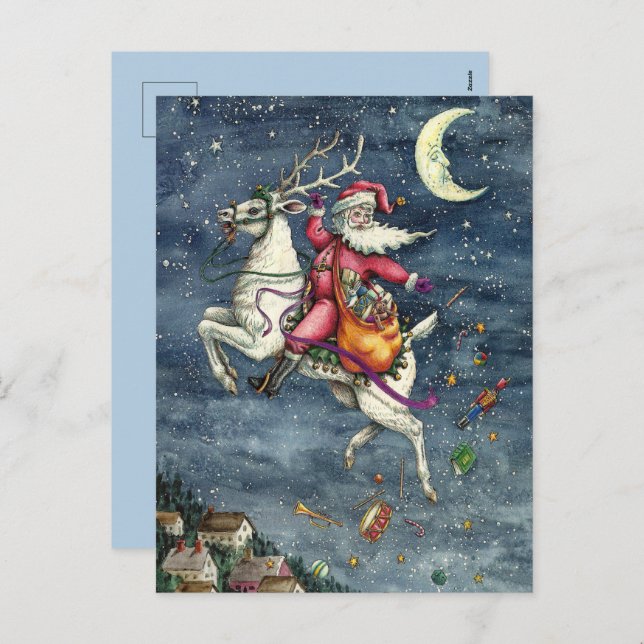 ST. NICK, FLYING WHITE REINDEER, CHRISTMAS MAGIC HOLIDAY POSTCARD (Front/Back)