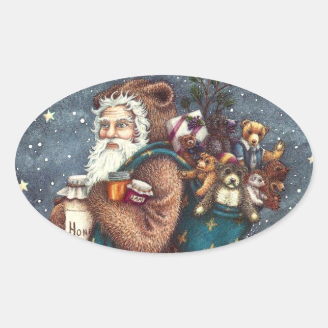 ST. NICK IN TEDDY BEAR SUIT, CHRISTMAS TEDDIES OVAL STICKER (Front)