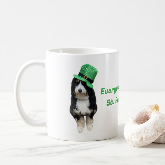 St Paddy's Day Bernedoodle with green party hat Coffee Mug (With Donut)