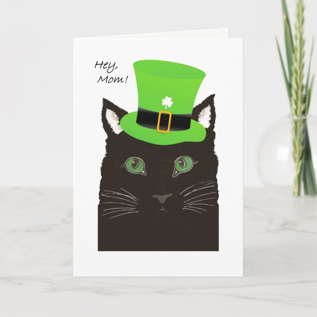 St Paddy's Day, for Mother, Mom, Cat wears Hat Card (Front)