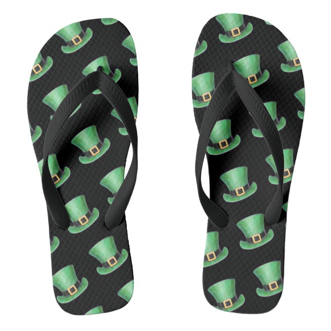 St Paddy's Day Green Top Hat Pattern on Black Thongs (Footbed)