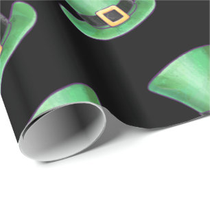 St Paddy's Day Green Top Hat Pattern on Black Wrapping Paper