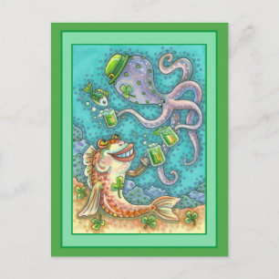 St. PADDY'S FISH AND OCTOPUS CHEERS TO GREEN BEER Holiday Postcard