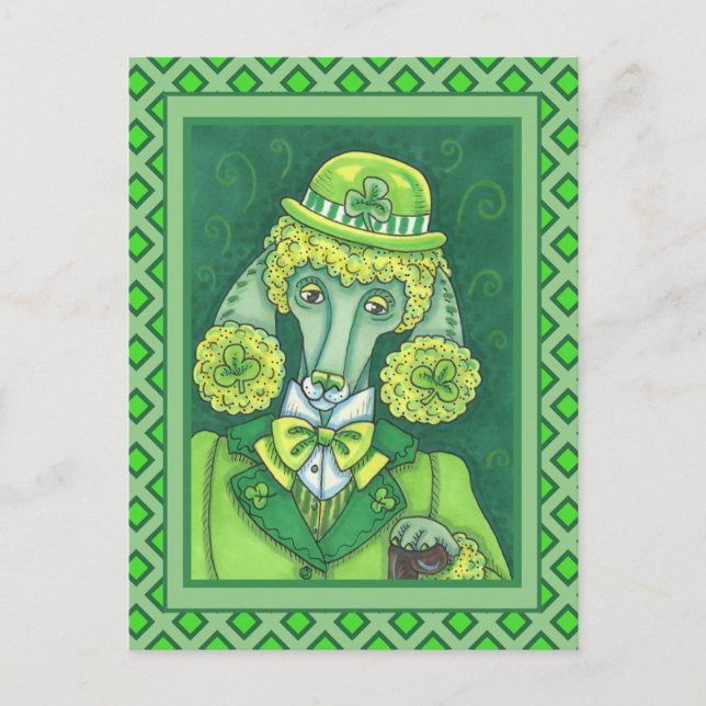 ST. PADDY'S IRISH GREEN FRENCH POODLE, LUCKY DOG HOLIDAY POSTCARD (Front)