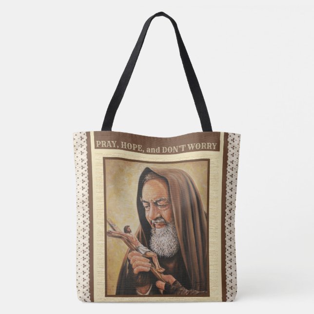St. Padre Pio Praying Hands Religious Quote Tote Bag (Back)