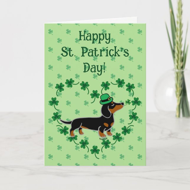 St. Patrick Day Black and Tan Dachshund Posing Card (Front)