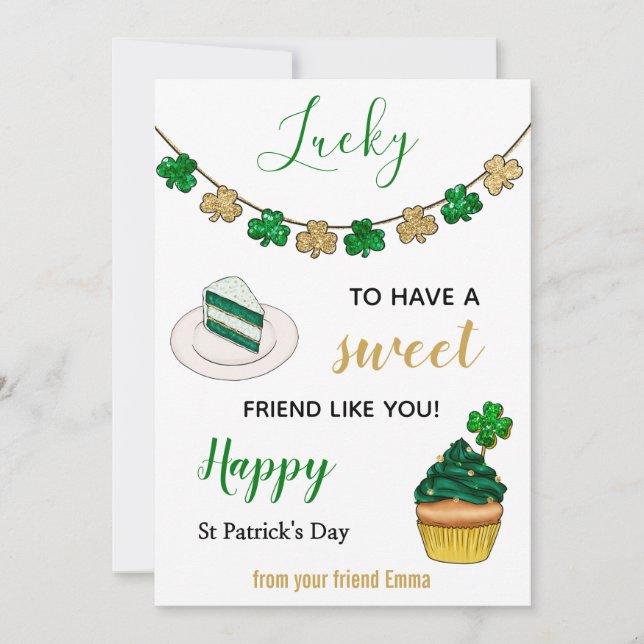 St Patrick day glitter lucky friend coworker funny Holiday Card (Front)